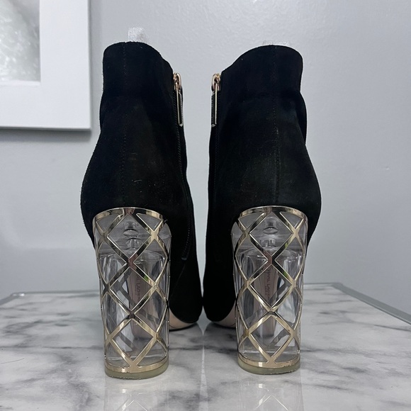 Karl Lagerfeld Shawna Black Suede Bootie With Clear Lucite Heel and Gold Design - Picture 3 of 7